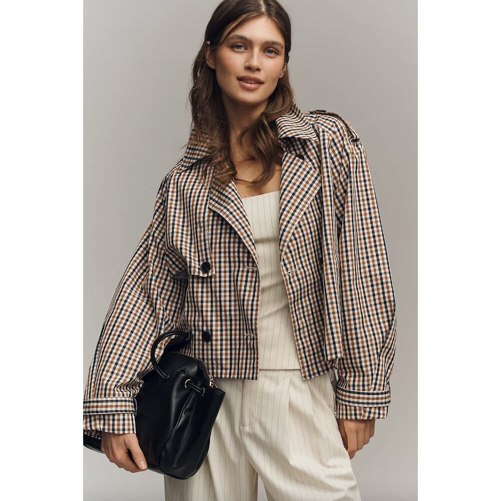 NWT Sold Out Anthropologie Crop Trench Coat Plaid Tartan Fall Rain Coat - Picture 2 of 8